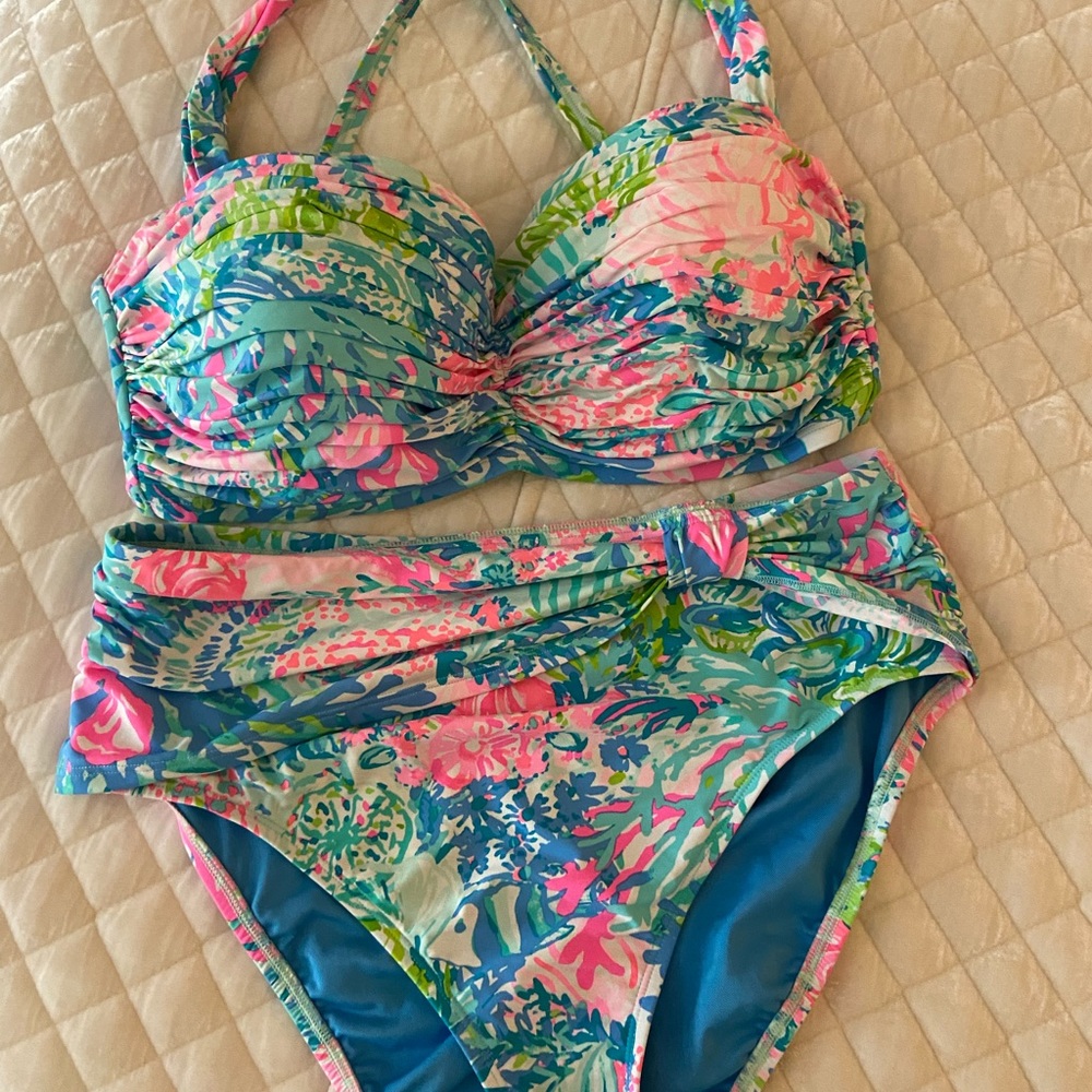 Lilly Pulitzer Floral Ruched Bikini in Turquoise, Pink & Green  and cover up